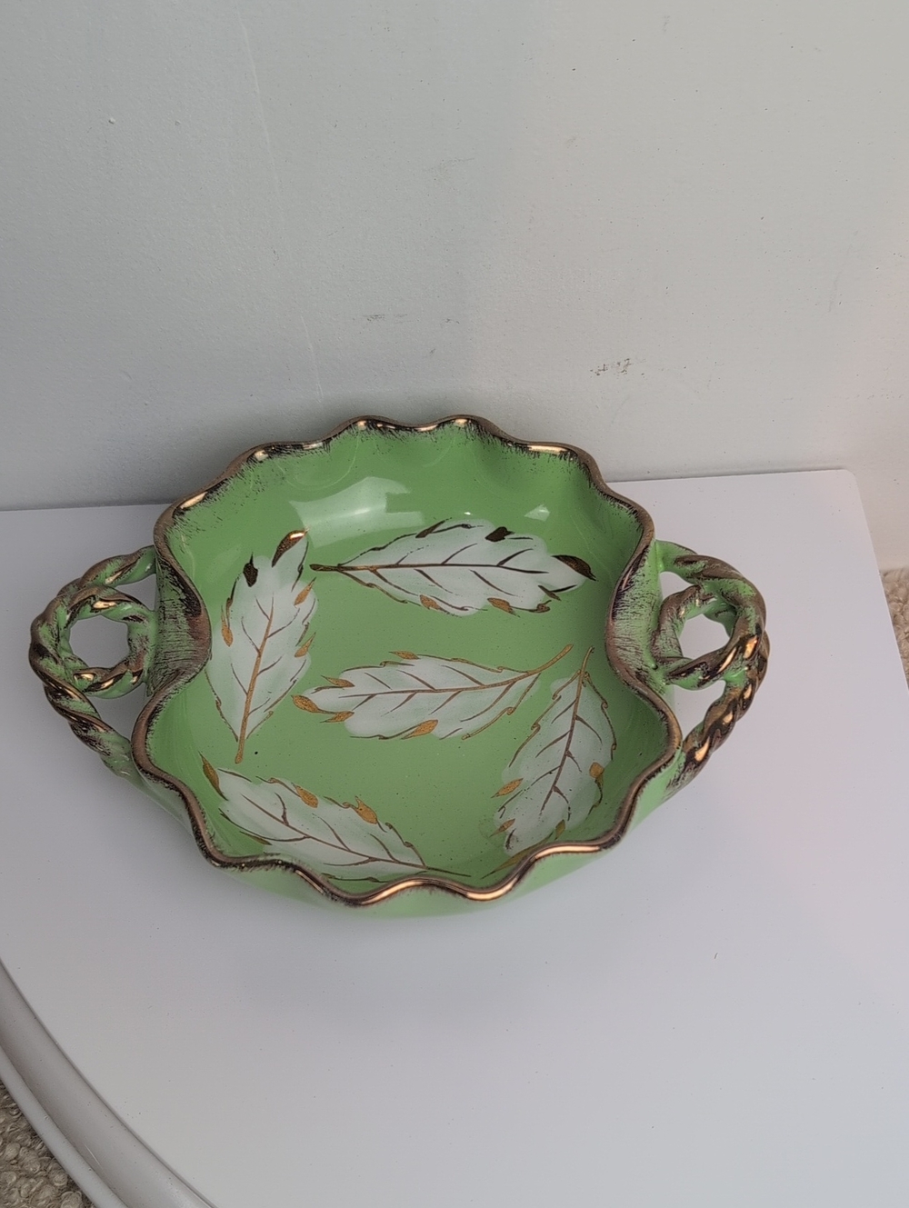 Green Decorative Ceramic Serving Bowl with Gold Trim